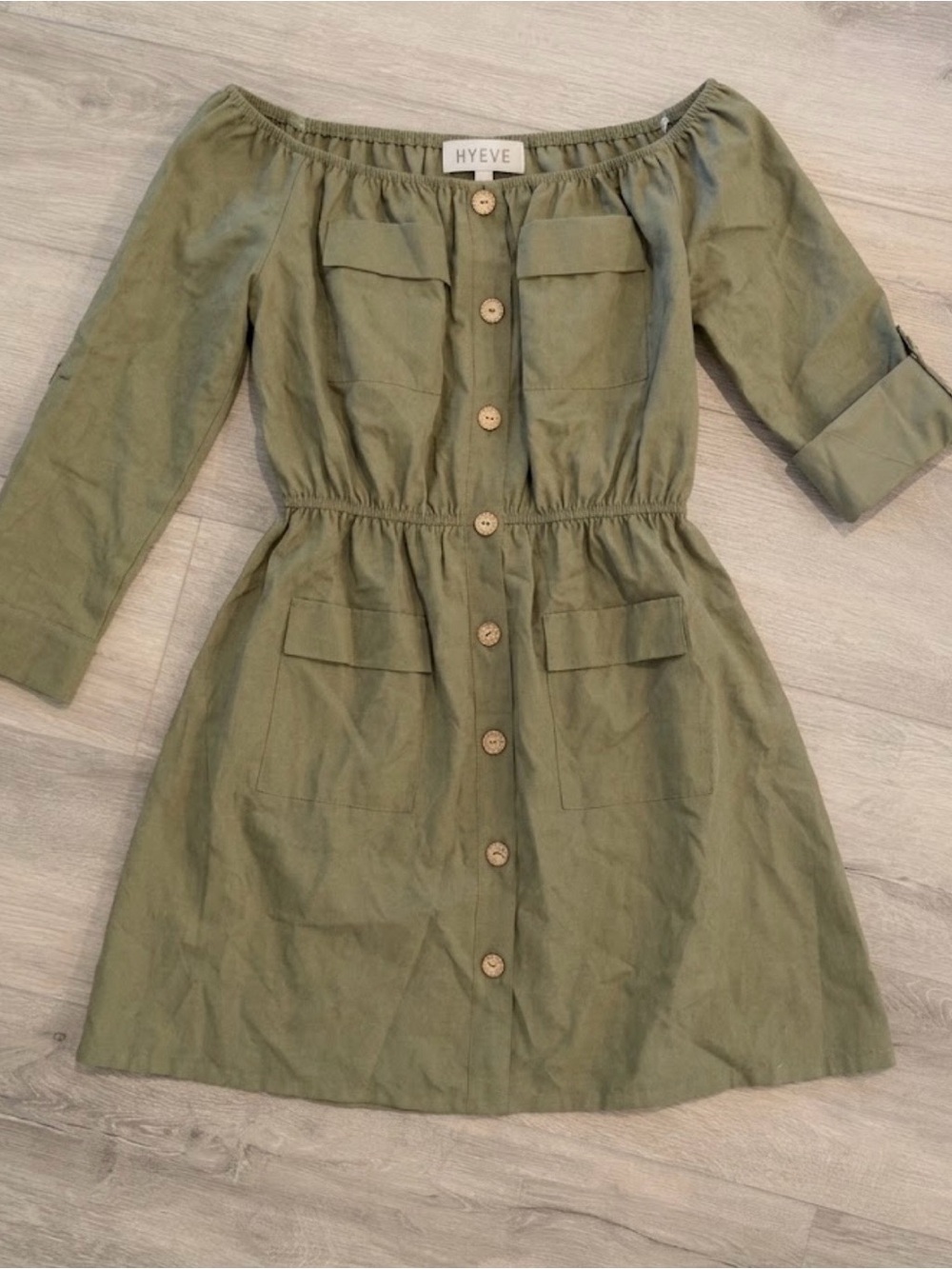 NWT FAVLUX Women's Off-The-Shoulder Olive Green Mini Dress - Size Small